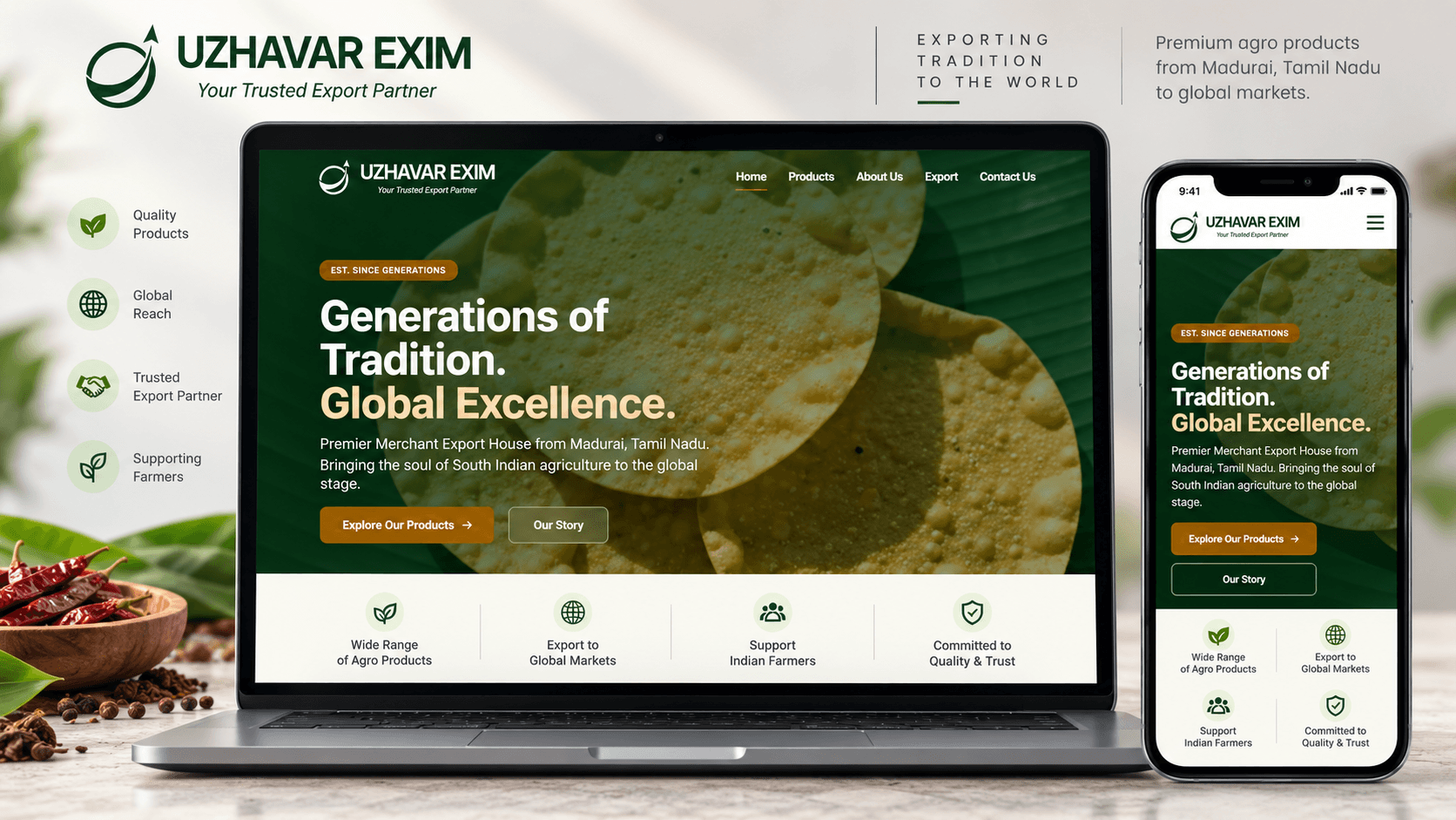 Spices and traditional ingredients from Uzhavar Exim's export catalogue
